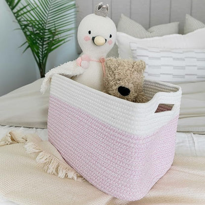 OrganiHaus Set of 3 Woven Storage Baskets for Organizing, Cotton Rope Organizer Bins for Shelves, Closet & Nursery, Dog Toy Basket, Decorative Bins for Toys, Towels & Books - 15x10x9, Pink/Off-White