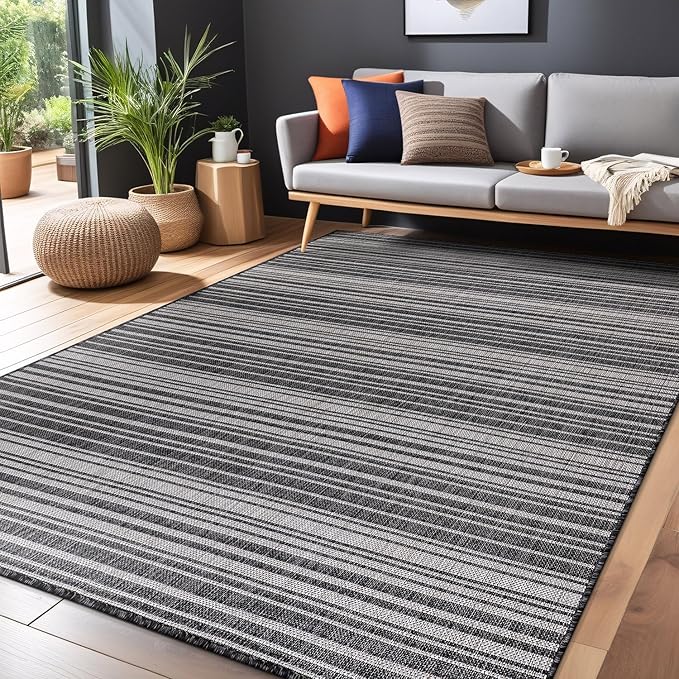 Stripe Outdoor Rug 5x7 Washable Outside Carpet for Indoor Patio Porch Waterproof Easy Cleaning Non Shedding Area Rugs Dark Gray 5 x 7