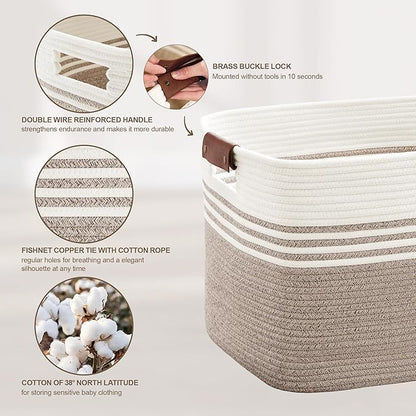 86L Extra Large Laundry Basket with Leather Handles for Living Room Storage, Woven Rope Baskets for Blanket, Kids Toy, Gifts, Wicker Hamper for Bedroom Dirty Clothes, 24"x16"x14" White Brown