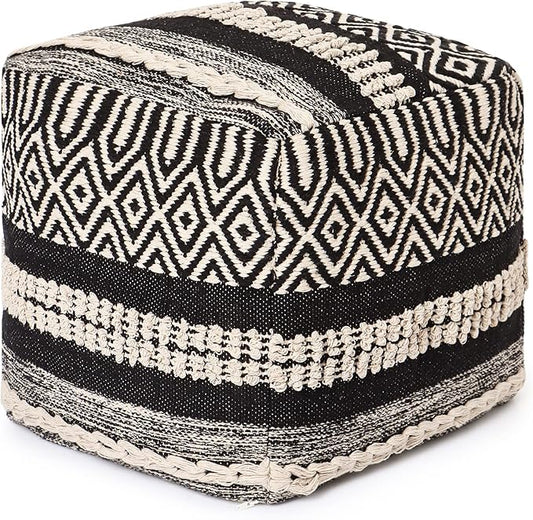 REDEARTH · Tufted Pouf Ottoman with Filler Textured Storage Cube Bean Bag Pouffe Footrest for Living Room, Bedroom, Nursery, Kidsroom; 100% Cotton (17.5"X17.5"X17.5", Char Delineate Black)