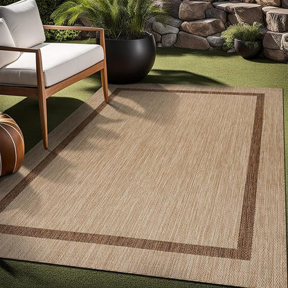 Bordered Outdoor Rug 6x9 Washable Outside Carpet for Indoor Patio Porch Waterproof Easy Cleaning Non Shedding Area Rugs Jute Beige - Nut Brown 6 x 9
