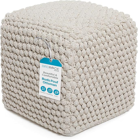 BIRDROCK HOME Bud Pouf Foot Stool Ottoman - Knit Bean Bag Floor Chair - Cotton Braided Cord - Great for The Living Room, Bedroom and Kids Room - Small Furniture