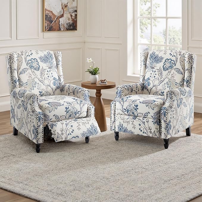UIXE Floral Pushback Recliner Chairs Set of 2, Fabric Upholstered Armchair Push Back Accent Chair for Living Room, Rivet Trim Club Chair Home Theater Single Sofa Reading Seat - Blue Plants