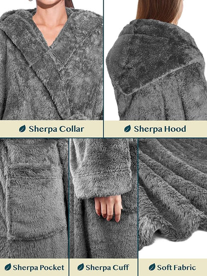 PAVILIA Women Hooded Plush Soft Robe | Fluffy Warm Fleece Sherpa Shaggy Bathrobe
