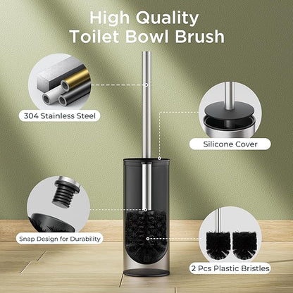 Toilet Brush and Holder Set, Toilet Bowl Brush with Heavy Duty 304 Stainless Steel Base and Extra Long Handle, Toilet Bowl Cleaners Brush for Bathroom (Stainless Steel)