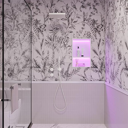 Stainless Steel Shower Niche 12" X 18", No Tile Needed Wall Niche with RGB Led Light, Recessed Shower Shelf for Bathroom Storage Over Mount Installation, Matte White