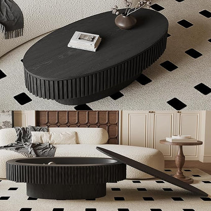 47.2''Oval Coffee Table with Storage, Mid Century Modern Fluted Drum Center Tables with Lid, Solid Wood Side Pedestal Coffee Table Tea Table for Living Room, Bedroom, Apartment-Black