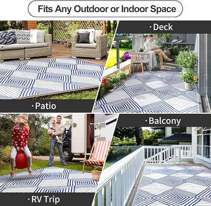 Waterproof Outdoor Rug 6x9ft, Foldable Reversible Plastic Straw Mat for Patio RV Deck Porch Backyard Balcony Camping Picnic Beach Indoor Outdoor Carpet, Blue&White