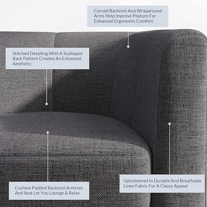 BELLEZE Living Room Chair, Linen Round Accent Barrel Chair, Club Tub Sofa Chair for Bedroom, Corner Chair with Flared Legs and Cozy Soft Padding - Highland (Gray)