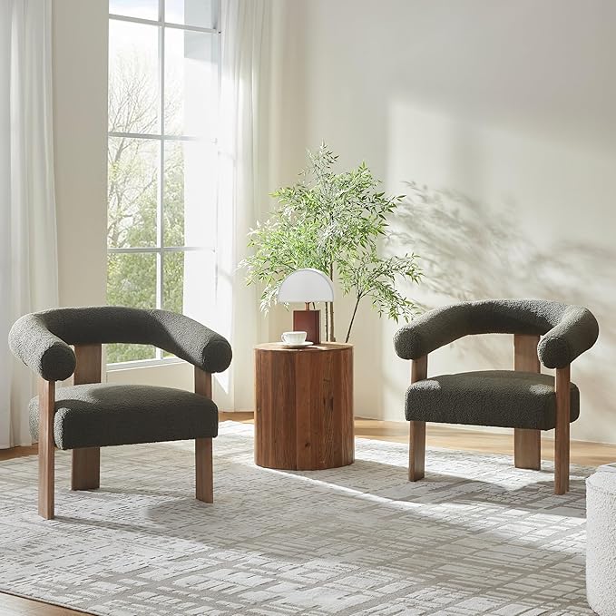 VKNOW Accent Chairs Living Room Chairs, Modern Upholstered Armchair with Solid Wood Legs, Comfy Barrel Arm Chairs for Living Room Office, Sage Green