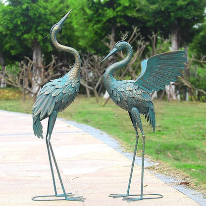 33-37 Inch Metal Crane Garden Statue Décor, Bird Garden Sculpture & Statues, Outdoor Decoration for Yard Patio Lawn Backyard Pool, Vintage Spread Wings Crane, Set of 2