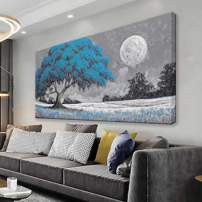 TAIJXAGSG Wall Art For Living Room Blue Tree Moon Canvas Art Wall Decor Artwork Print Painting 20" X 40" Canvas Picture For Bedroom Decor Modern Salon Kitchen Office Hang A Picture