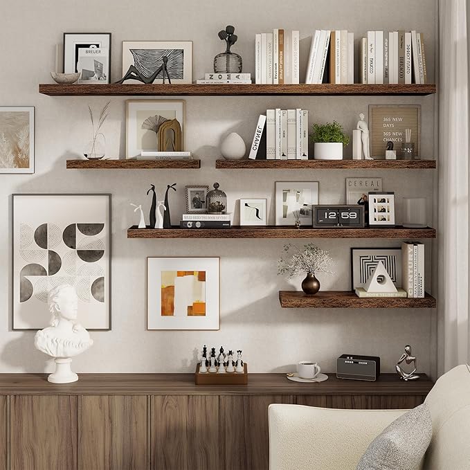 40 Inch Floating Shelves Set of 2, 8 Inch Deep Wall Shelf, Rustic Wood Storage Shelves for Bedroom, Kitchen, Bathroom, Wall-Mounted Shelf with Invisible Brackets for Books|Storage, Rustic Brown