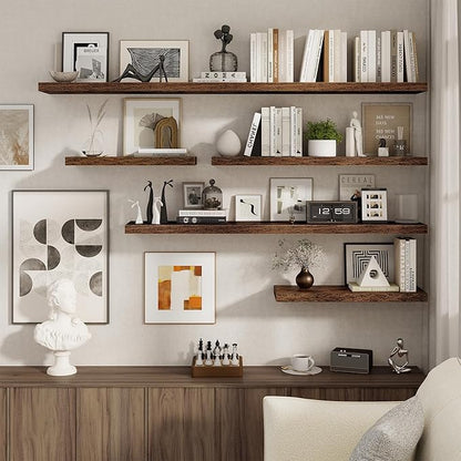 72 Inch Floating Shelves 2 Pack, 8 Inch Deep Floating Shelf Wall Mounted, Large Shelves with Invisible Bracket for Books, Rustic Wood Wall Shelf for Bedroom, Kitchen, Living Room, Rustic Brown