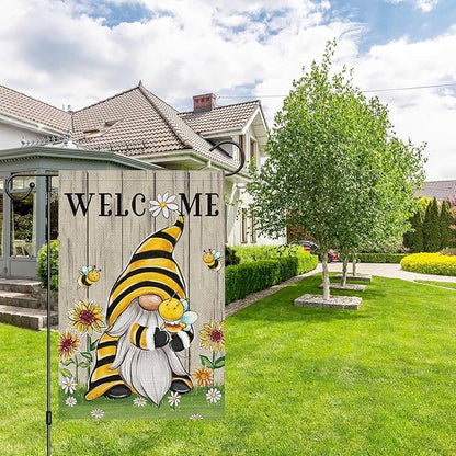 Welcome Summer Gnome Garden Flag Spring Summer Bee Sunflower Yard Flag 12x18 Double Sided Burlap Daisy House Flag for Rustic Seasonal Outside Outdoor House Decoration (ONLY FLAG)