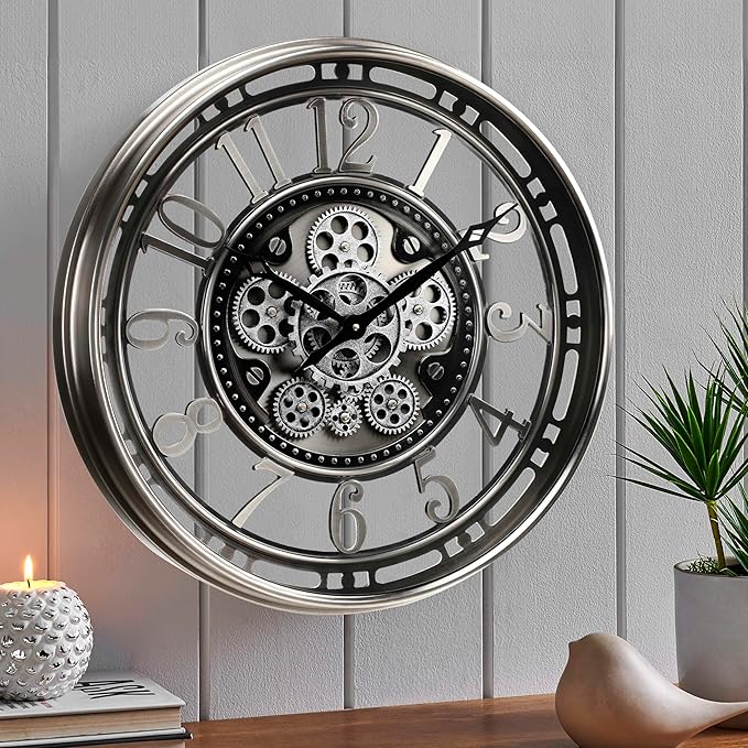 CLXEAST 21 Inch Large Moving Gear Wall Clock,Industrial Steampunk Decor,Decorative Wall Clock for Modern Farmhouse Living Room Decor,Gunmetal Silver Finish
