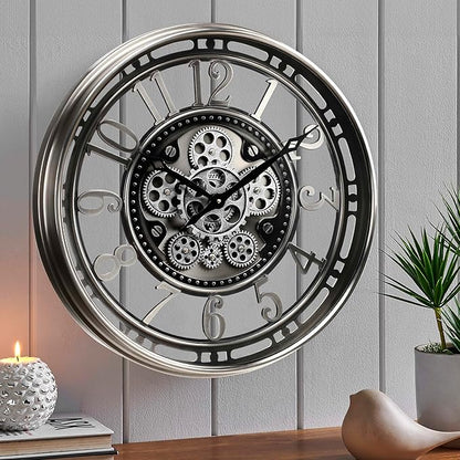 CLXEAST 21 Inch Large Moving Gear Wall Clock,Industrial Steampunk Decor,Decorative Wall Clock for Modern Farmhouse Living Room Decor,Gunmetal Silver Finish