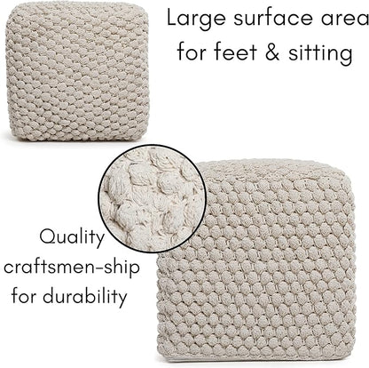 BIRDROCK HOME Bud Pouf Foot Stool Ottoman - Knit Bean Bag Floor Chair - Cotton Braided Cord - Great for The Living Room, Bedroom and Kids Room - Small Furniture