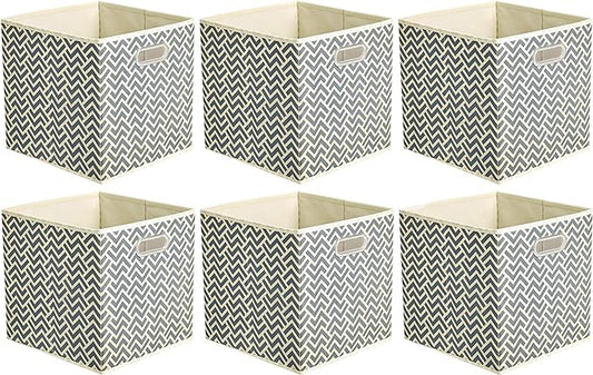 Amazon Basics Collapsible Cube Storage Organizer Bins, 6-Pack, 10.5 x 10.5 x 11 inches, Chevron Grey