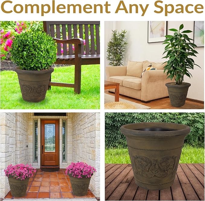 Sunnydaze 19.5-Inch Arabella Large Plant Pot - Polyresin Round Outdoor Planter with Drillable Drainage Holes - 2 Pack - Sable