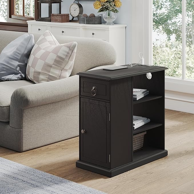 ChooChoo Farmhouse XXL End Table with Charging Station，Narrow Sofa Side Table with Adjustale Shelf, 3 Tier Rustic Night Stand for Small Place Living Room, Charcoal Black
