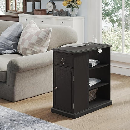 ChooChoo Farmhouse XXL End Table with Charging Station，Narrow Sofa Side Table with Adjustale Shelf, 3 Tier Rustic Night Stand for Small Place Living Room, Charcoal Black