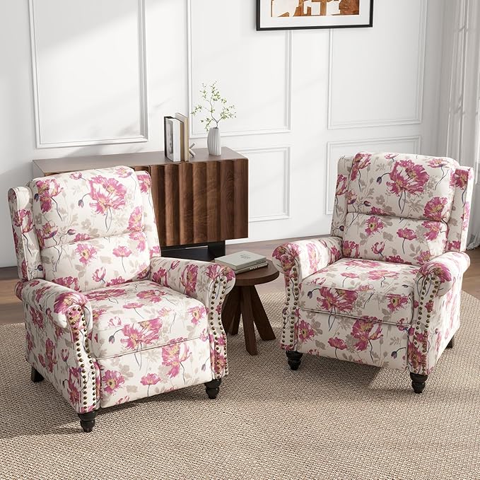 UIXE Pushback Recliner Chairs Set of 2, Fabric Armchair Push Back Accent Chair, Rivet Trim Club Chair Home Theater Overstuffed Single Sofa Reading Seat for Living Room, Pattern