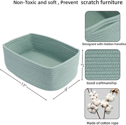 Small Woven Storage Baskets 13“X9”X5“ Decorative Rope Bins for Organizing Shelves, Closets, and Toys, Empty Gift Baskets, Cute Organizer Basket for Home and Office (green, Large)