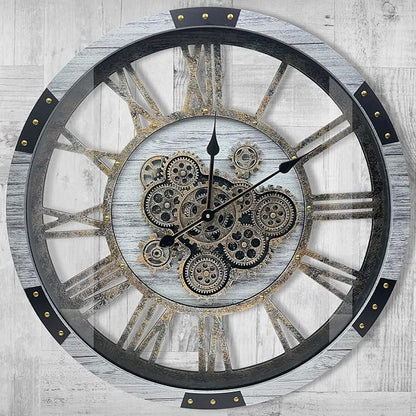 DORBOKER 30" Original Moving Gears Wall Clock, Large Industrial Wall Clock for Living Room Decor, Solid Wood Vintage Farmhouse Steampunk Rustic Clocks for Wall Decor,Silver Grey
