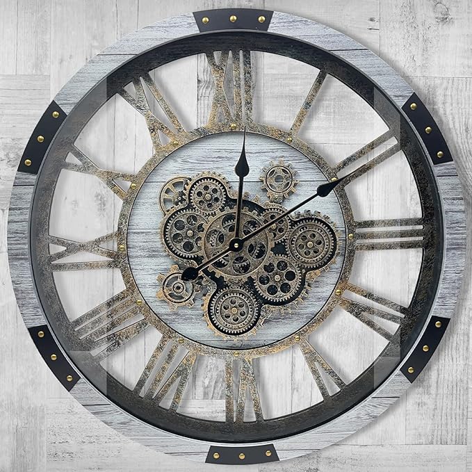 DORBOKER 36" Original Moving Gears Wall Clock, Large Industrial Wall Clock for Living Room Decor, Retro Metal Solid Wood Vintage Farmhouse Steampunk Rustic Clocks for Wall Decor,Silver Grey