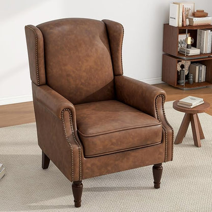 UIXE PU Leather High Back Accent Chair, Upholstered Armchair for Living Room, Retro Wingback Arm Chair Nailhead Trim Single Sofa Bedroom Reading Seat with Solid Wood Legs - Brown