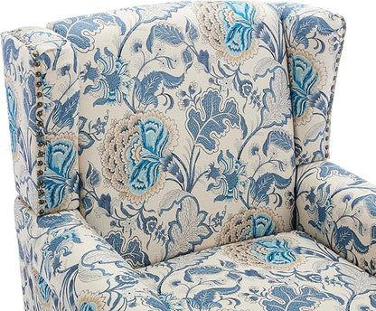 UIXE High Back Floral Accent Chairs Set of 2, Upholstered Armchair in Fabric, Retro Printed Wingback Arm Chair for Living Room, Nailhead Trim Single Sofa Bedroom Reading Seat - Boho Blue