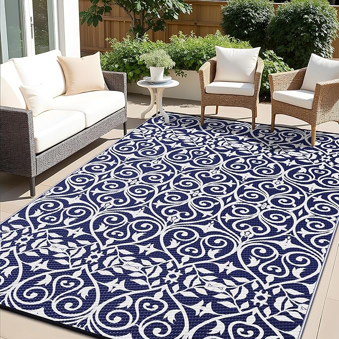 OLANLY Outdoor Rug Waterproof 8x10 ft Clearance, Reversible Outdoor Plastic Straw Rug with Floral Pattern, RV Mat for Patio, Camping, Balcony, Deck, Backyard, Navy & White
