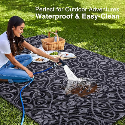 OLANLY Outdoor Rug Waterproof 5x8 ft Clearance, Reversible Outdoor Plastic Straw Rug with Floral Pattern, RV Mat for Patio, Camping, Balcony, Deck, Backyard, Black & Grey