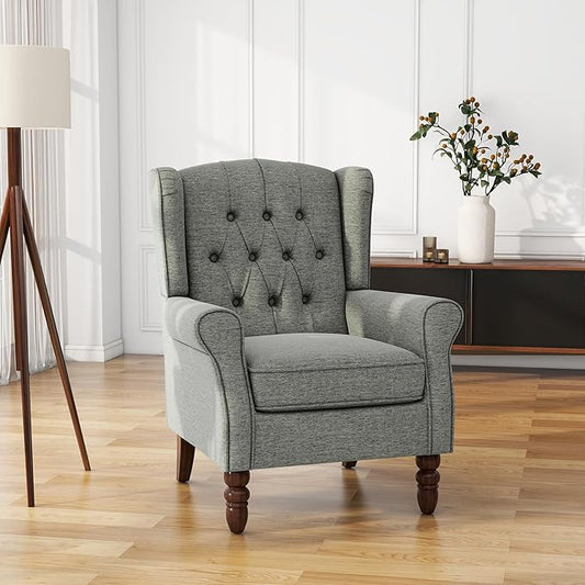 UIXE High Back Accent Chair, Fabric Upholstered Armchair for Living Room, Retro Wingback Arm Chair Comfy Single Sofa Bedroom Reading Seat with Solid Wooden Legs - Gray