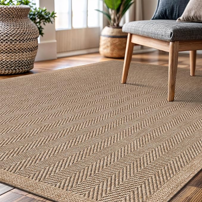 CAMILSON Easy Jute Rug 9x12, Indoor Outdoor Natural Color Fiber Area Rugs for Living Room and Patio Rug Herringbone Seagrass Boho Woven Design Easy-Cleaning Washable Outside Carpet Alfombras 9 x 12