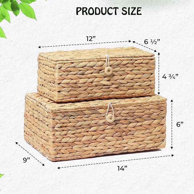Set of 2 Rectangular Wicker Storage Bins with Lid, Rattan Basket Decorative Boxes, Multipurpose Organizer Display Boxes for Shelf Organizer, Boho Rattan Box for Home Decoration