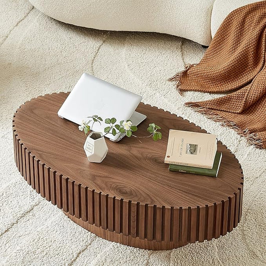 Oval Coffee Table for Living Room, Modern Fluted Coffee Tables with Pedestal Base, Handcrafted Centre Tea Tables Easy Assembly-43.7" Walnut
