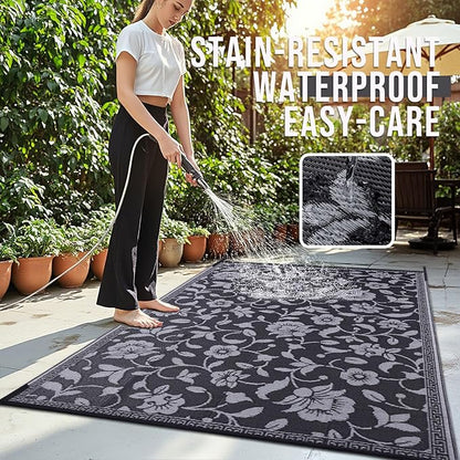 OLANLY Waterproof Outdoor Rug 6x9 ft, Outdoor Plastic Straw Rug with Flower Pattern, Reversible RV Mat for Patio, Camping, Balcony, Deck, Backyard, Black & Grey