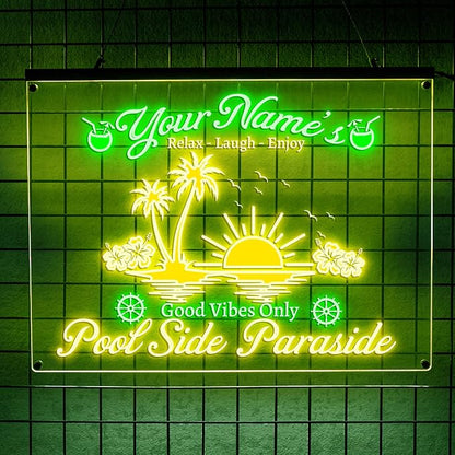 Personalized Pool Side Paradise Neon Sign, Custom Name LED Light, Tropical Sunset Design, Backyard Patio Bar Decor, Gift for Outdoor Lovers
