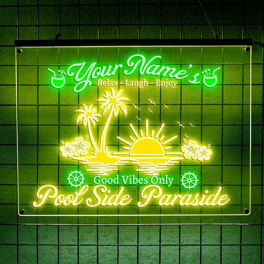Personalized Pool Side Paradise Neon Sign, Custom Name LED Light, Tropical Sunset Design, Backyard Patio Bar Decor, Gift for Outdoor Lovers