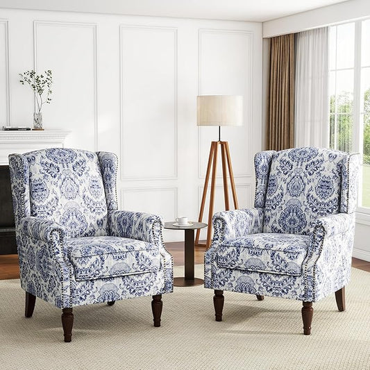 UIXE High Back Floral Accent Chairs Set of 2, Upholstered Armchair in Fabric, Retro Printed Wingback Arm Chair for Living Room, Nailhead Trim Single Sofa Bedroom Reading Seat - Navy Blue