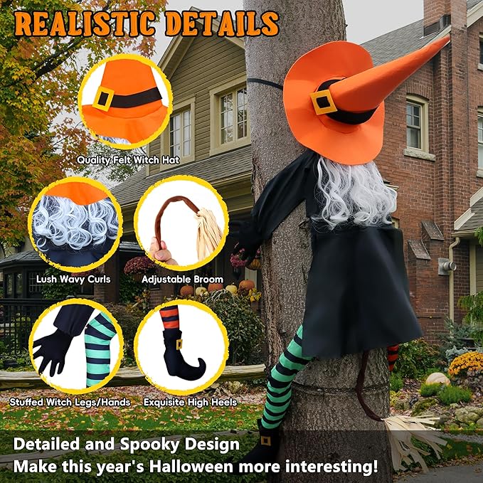 POPGIFTU 53" Halloween Crashing Witch Decoration – Funny Flying Witch for Tree, Yard, Porch & Outdoor Halloween Decor