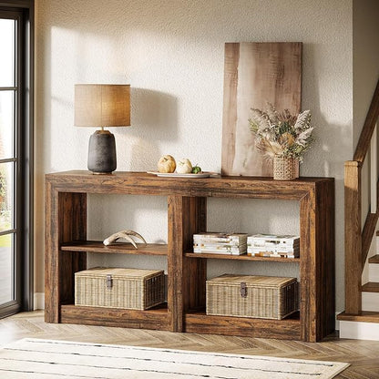 Tribesigns 59-Inch Farmhouse Entryway Table, 3-Tier Console Tables for Living Room, Wood Console Behind Couch for Living Room, Hallway, Foyer, Rustic Brown