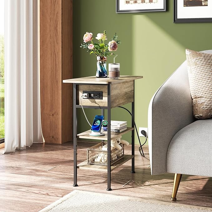 WLIVE End Table with Charging Station, Flip Top Side Table with Storage Shelf, Sofa Couch Table with USB Ports and Outlets, Narrow Bedside Table for Living Room, Bedroom Nightstand, Greige