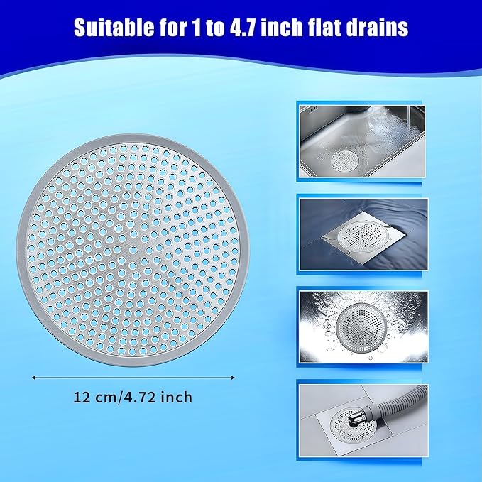 Shower Drain Hair Catcher,2Pcs,4.72'',Flat Drain Hair Catcher,Shower Drain Cover/Filter, Bathroom/Kitchen Sink Drain Strainer,Stainless Steel and TPE