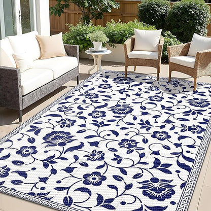 OLANLY Waterproof Outdoor Rug 5x8 ft, Outdoor Plastic Straw Rug with Flower Pattern, Reversible RV Mat for Patio, Camping, Balcony, Deck, Backyard, Navy & White