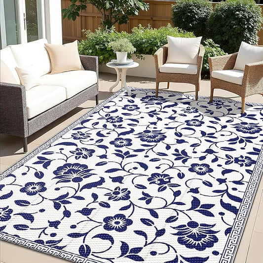 OLANLY Waterproof Outdoor Rug 5x8 ft, Outdoor Plastic Straw Rug with Flower Pattern, Reversible RV Mat for Patio, Camping, Balcony, Deck, Backyard, Navy & White