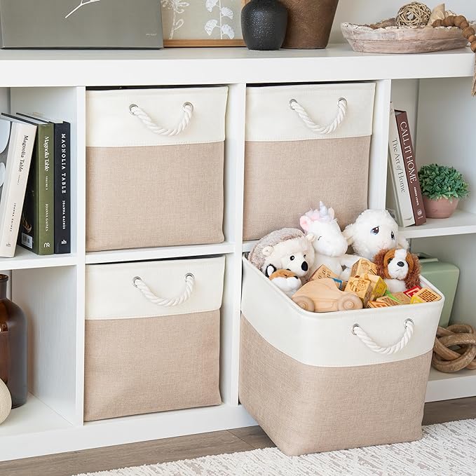 OrganiHaus 13x13 Cube Storage Bins 4 Pack, Foldable Cube Storage Organizer w/ Rope Handles, Collapsible Fabric Bins for Toys, Clothes & Closet Organization, Fabric Square Baskets - Beige/White