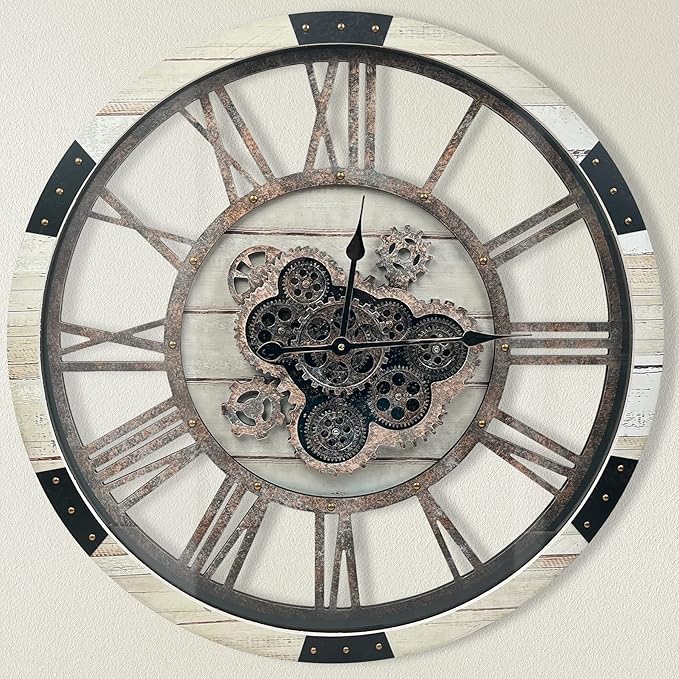 DORBOKER 24" Large Wall Clock with Moving Gears,Oversize Vintage Industrial Rustic Farmhouse Clocks for Living Room Decor Office Home,Solid Wood Retro Metal HD Tempered Glass Cover,Desert Beige